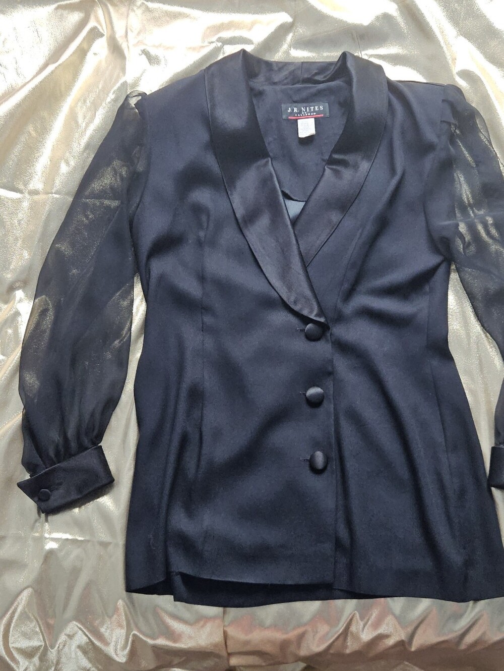 Black Satiny Blazer with Sheer Sleeves